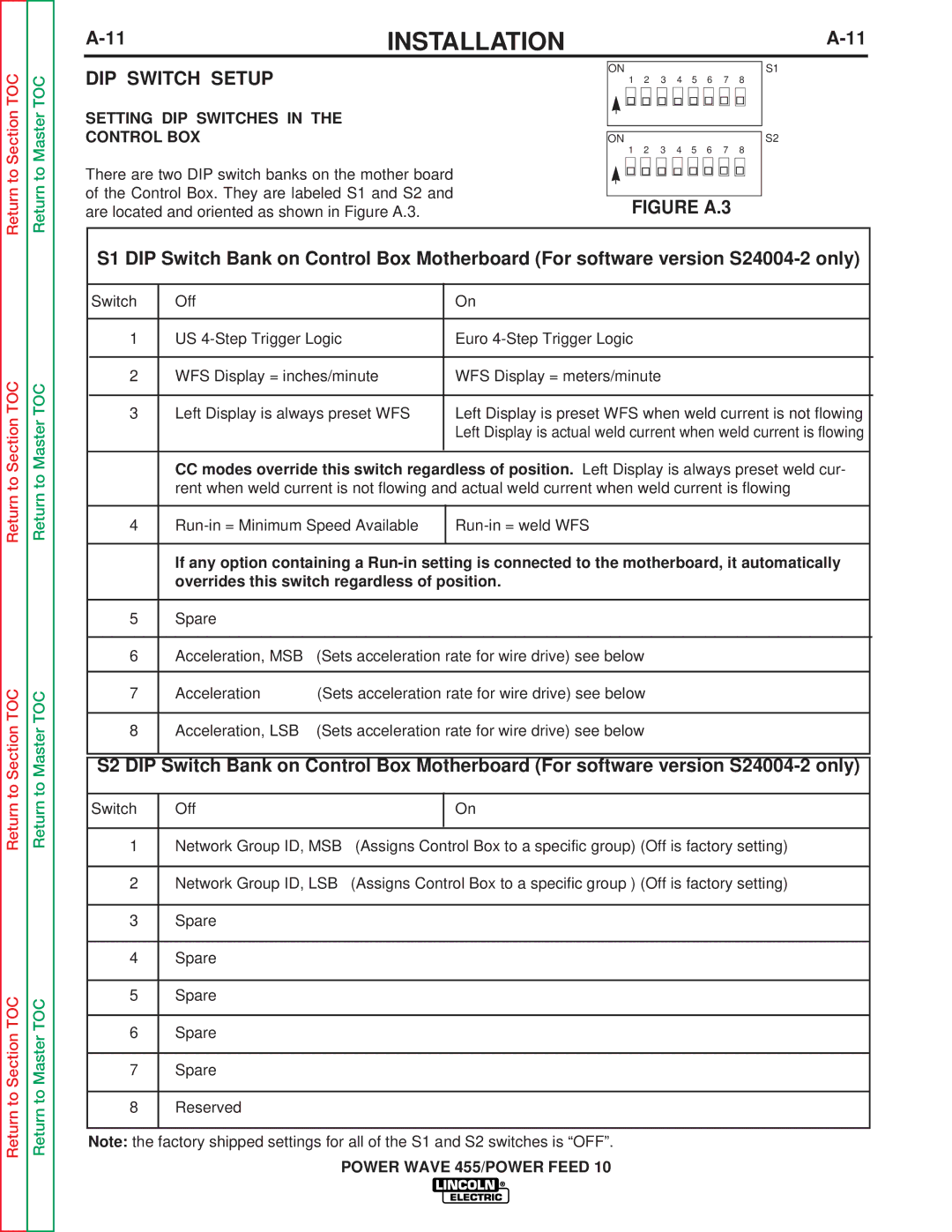 Lincoln Electric SVM135-B service manual DIP Switch Setup, Setting DIP Switches Control BOX 