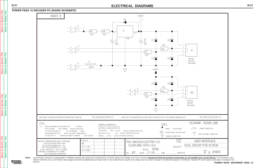 Lincoln Electric SVM135-B service manual Power Feed 10 Encoder PC Board Schematic, 22920 