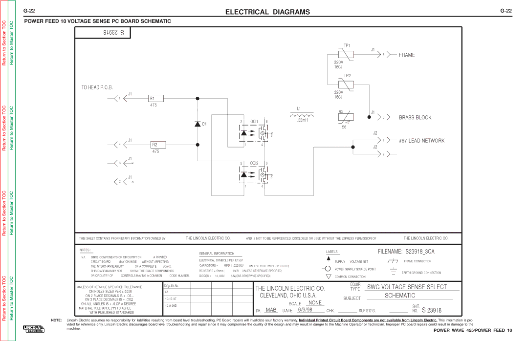 Lincoln Electric SVM135-B service manual Power Feed 10 Voltage Sense PC Board Schematic, 23918 