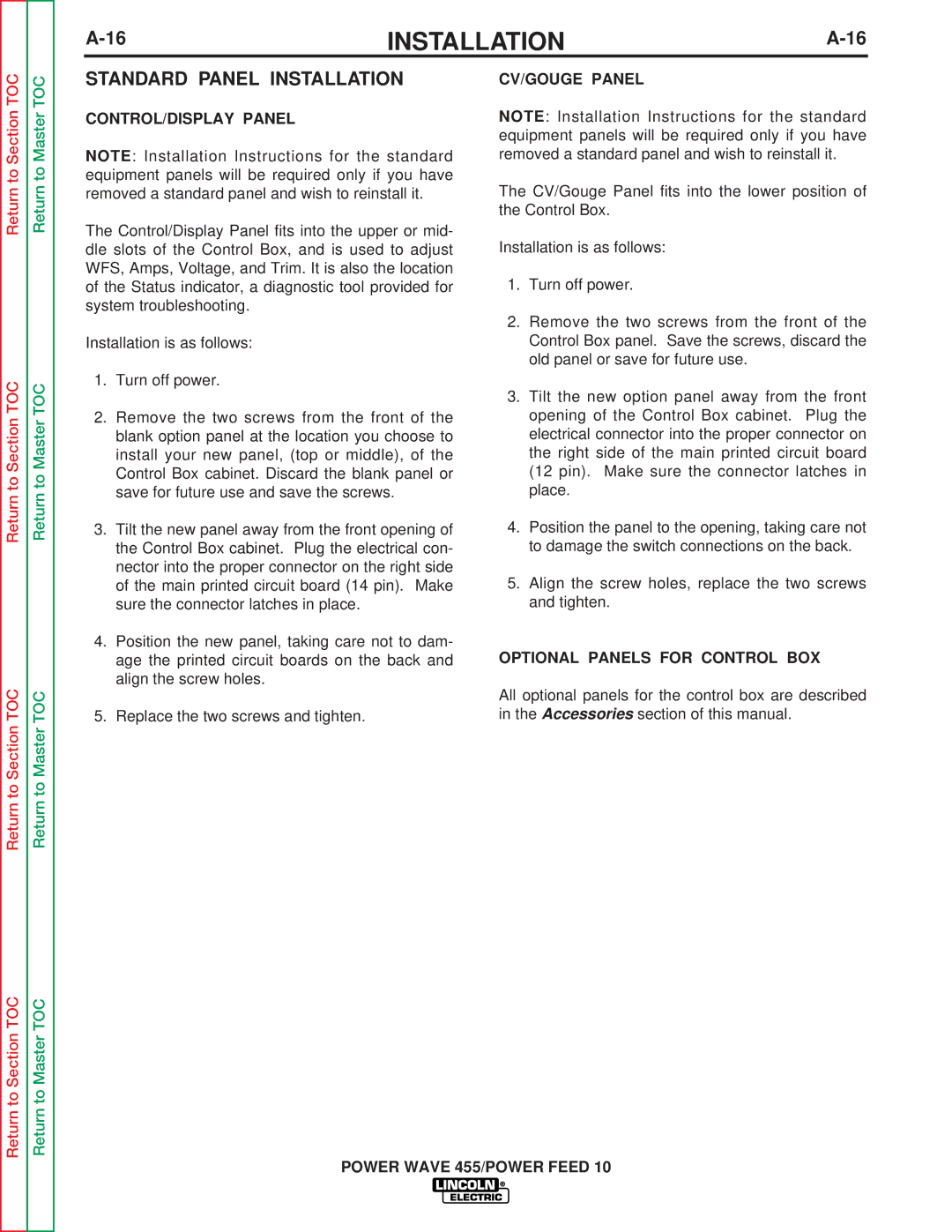 Lincoln Electric SVM135-B service manual Standard Panel Installation, CONTROL/DISPLAY Panel, CV/GOUGE Panel 