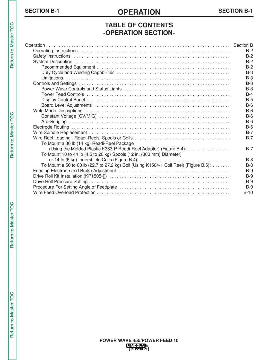 Lincoln Electric SVM135-B service manual Table of Contents Operation Section 