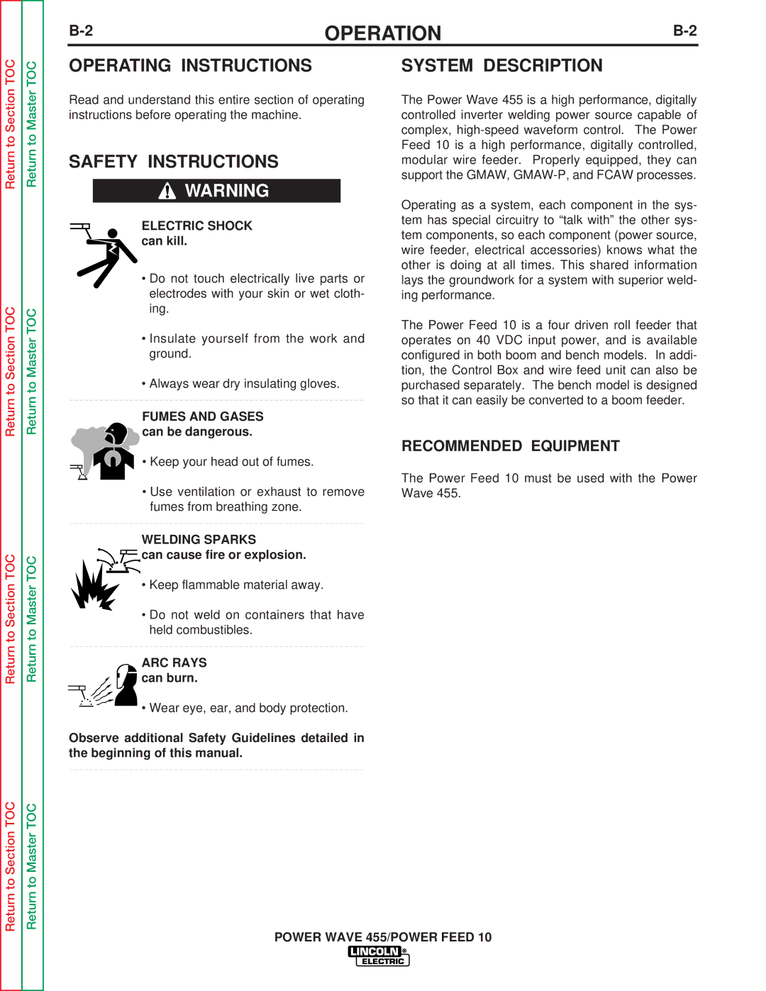 Lincoln Electric SVM135-B Operating Instructions, Safety Instructions, System Description, Recommended Equipment 