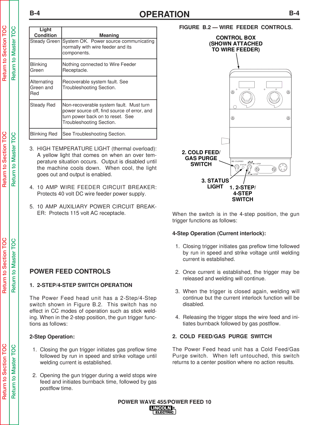 Lincoln Electric SVM135-B Power Feed Controls, STEP/4-STEP Switch Operation, Status Light 1 -STEP/ 4-STEP Switch 