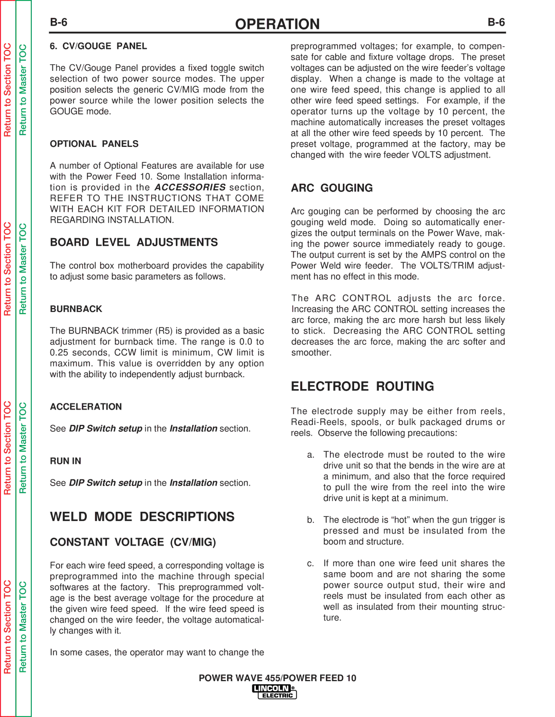 Lincoln Electric SVM135-B service manual Weld Mode Descriptions, Electrode Routing, Board Level Adjustments, ARC Gouging 