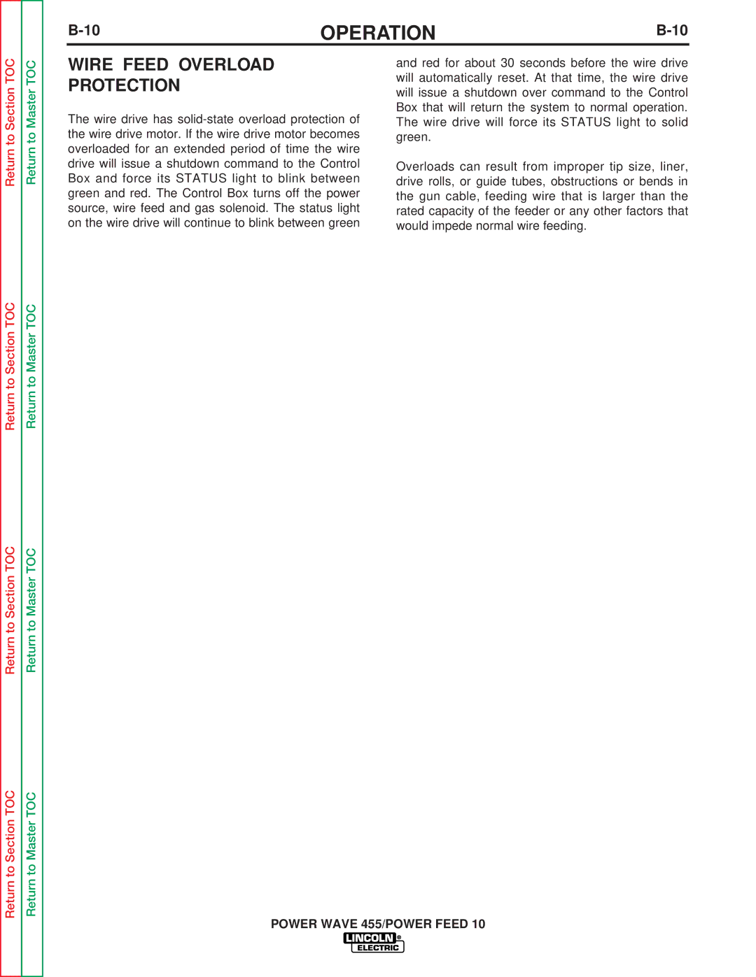 Lincoln Electric SVM135-B service manual Wire Feed Overload Protection 