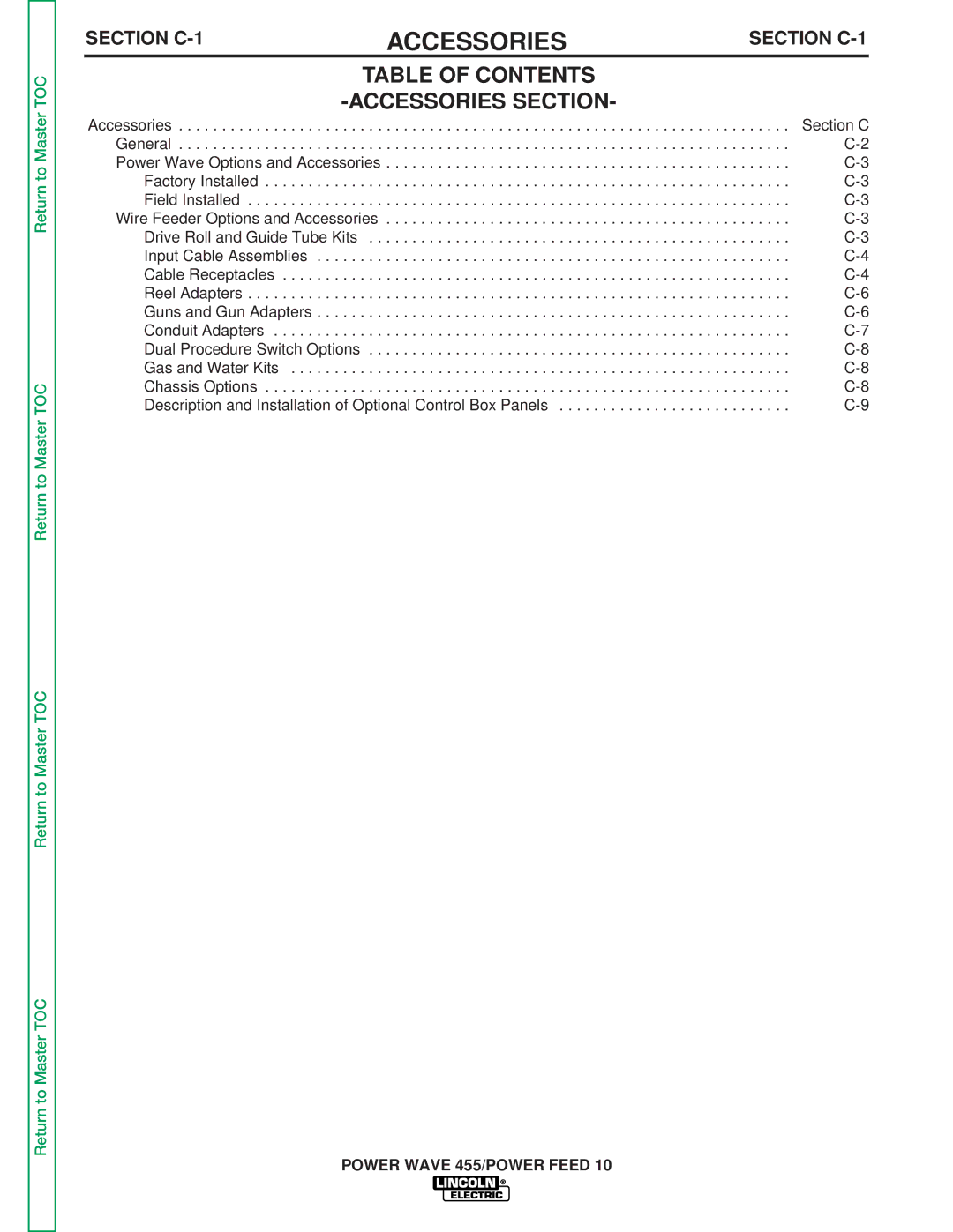 Lincoln Electric SVM135-B service manual Table of Contents Accessories Section 