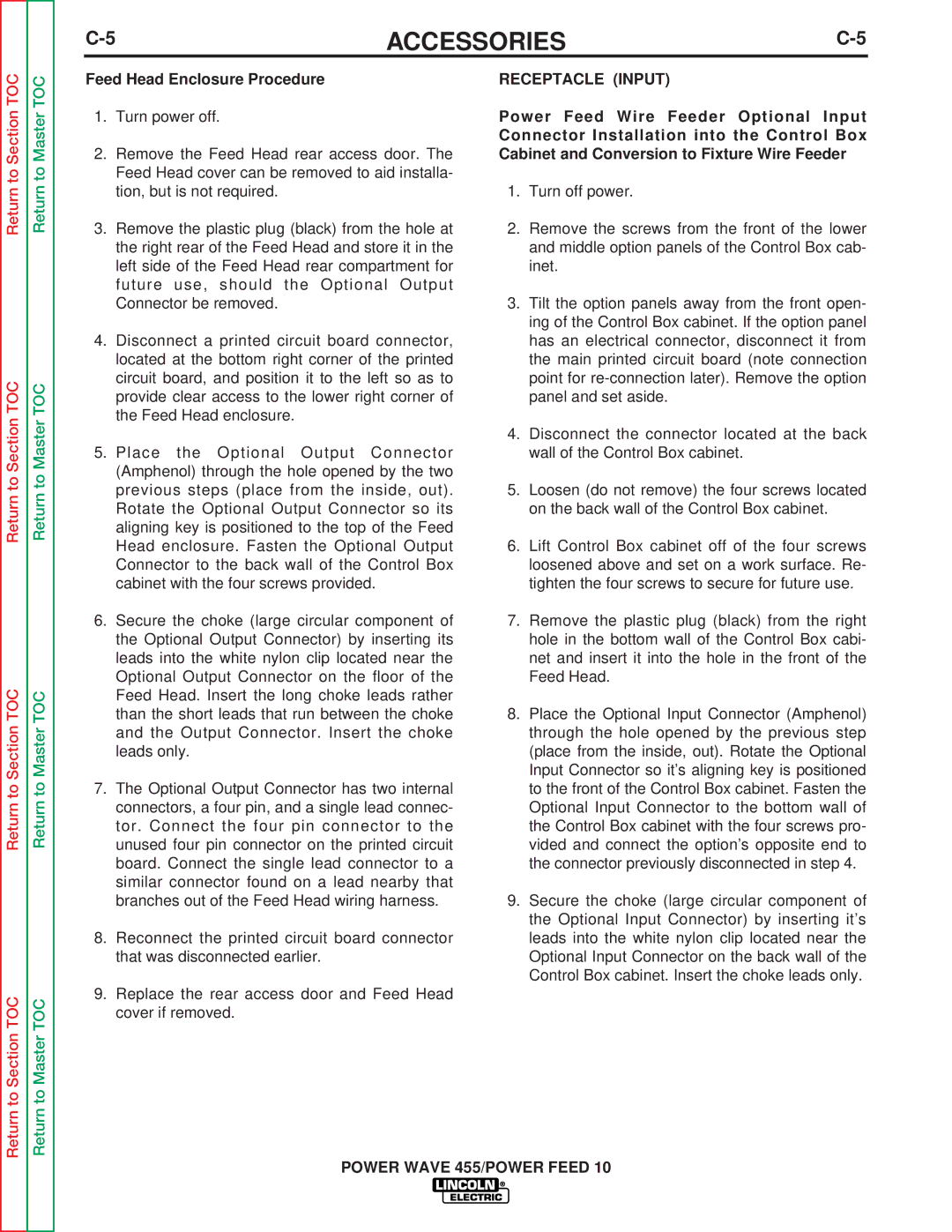 Lincoln Electric SVM135-B service manual Feed Head Enclosure Procedure, Receptacle Input 