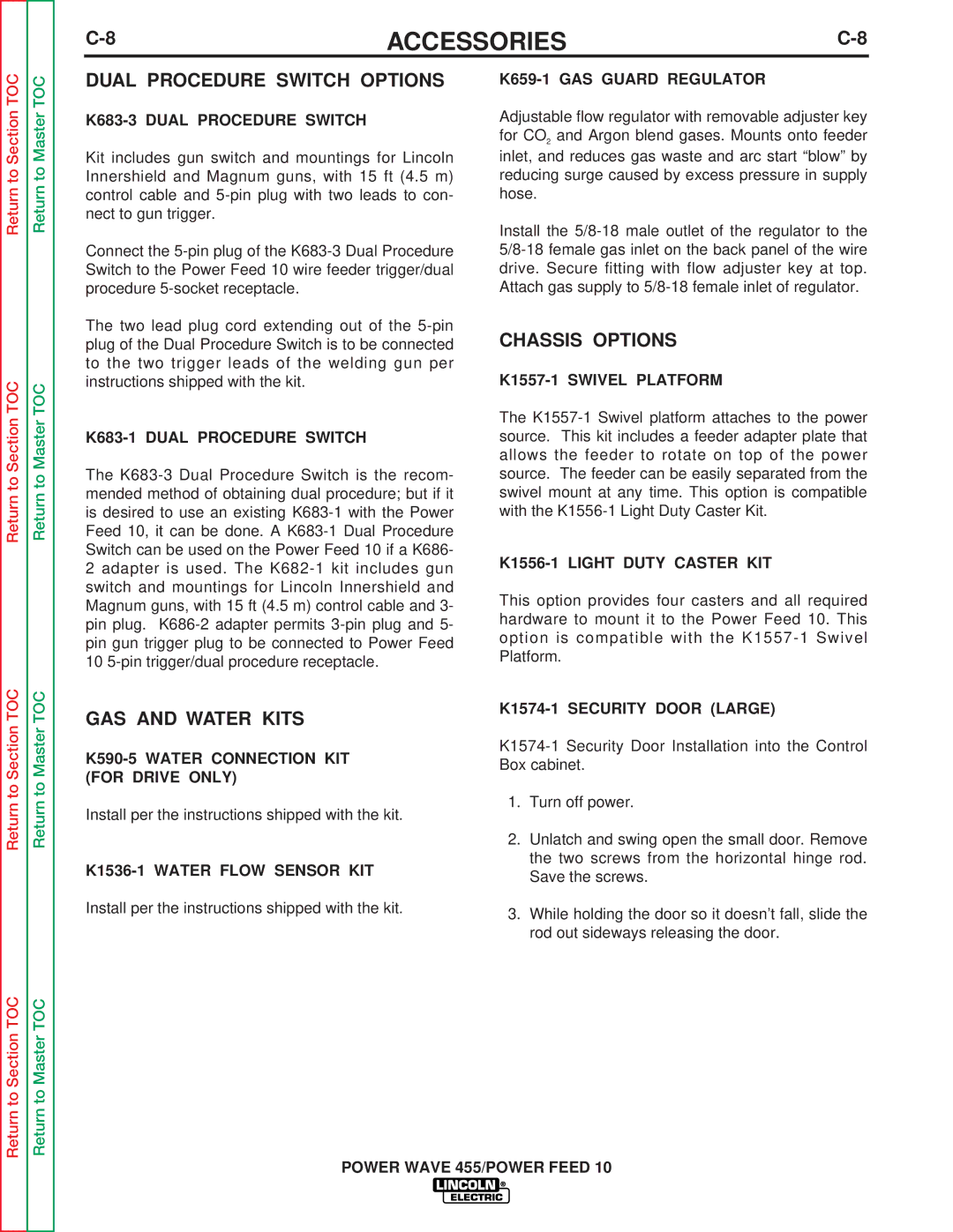 Lincoln Electric SVM135-B service manual Dual Procedure Switch Options, GAS and Water Kits, Chassis Options 