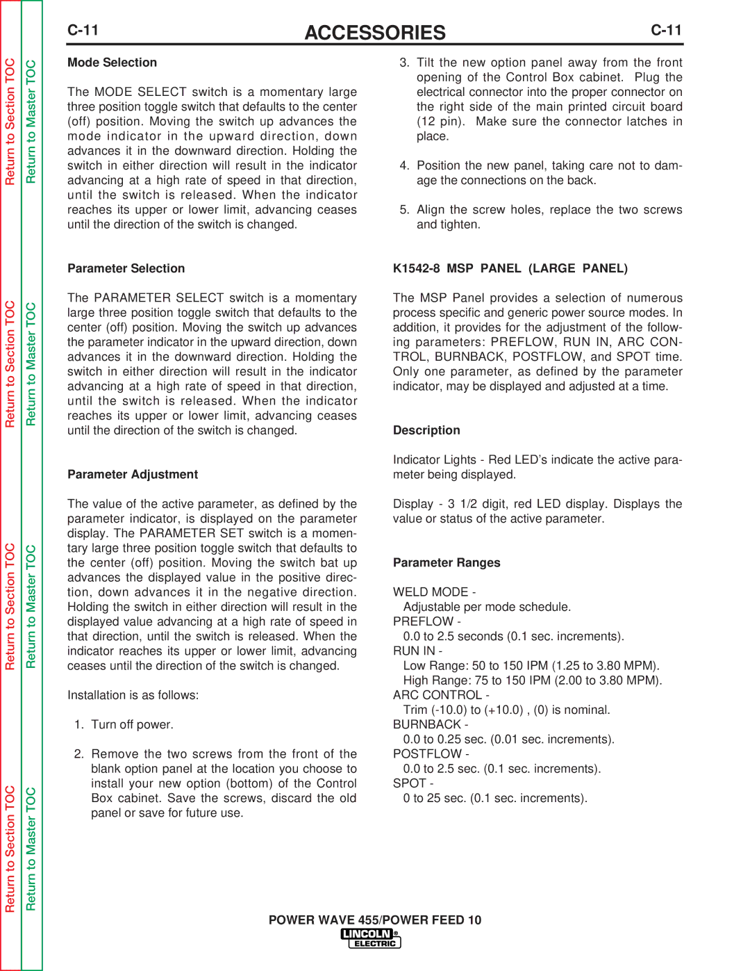 Lincoln Electric SVM135-B Mode Selection, Parameter Selection, Parameter Adjustment, K1542-8 MSP Panel Large Panel 