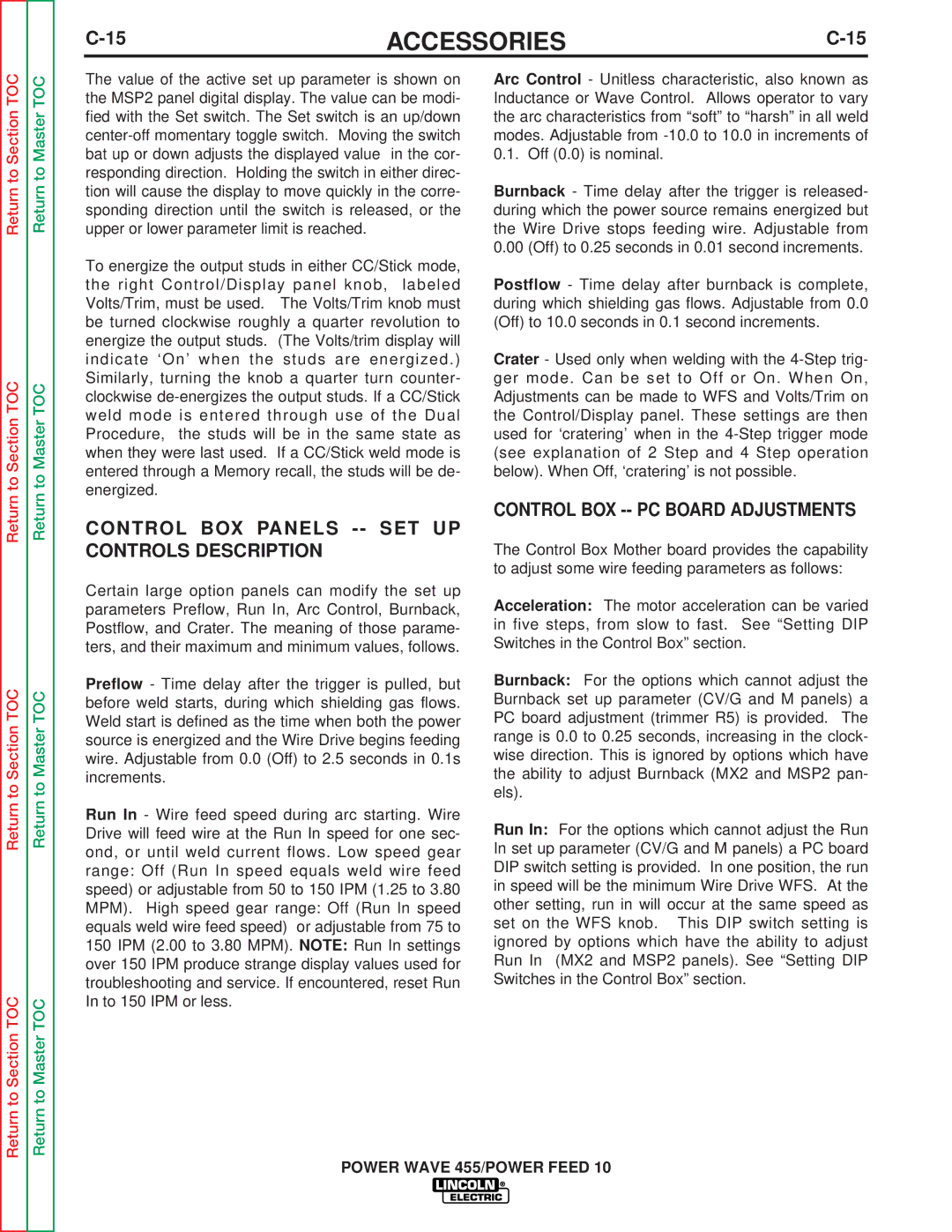 Lincoln Electric SVM135-B Control BOX Panels -- SET UP Controls Description, Control BOX -- PC Board Adjustments 