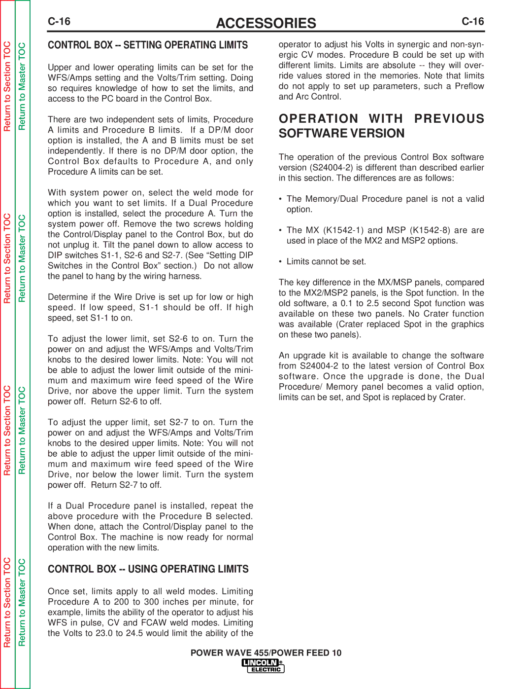 Lincoln Electric SVM135-B service manual Operation with Previous Software Version, Control BOX -- Using Operating Limits 