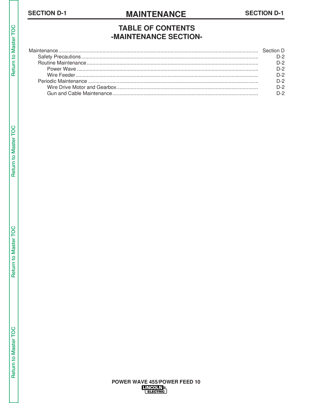 Lincoln Electric SVM135-B service manual Table of Contents Maintenance Section 