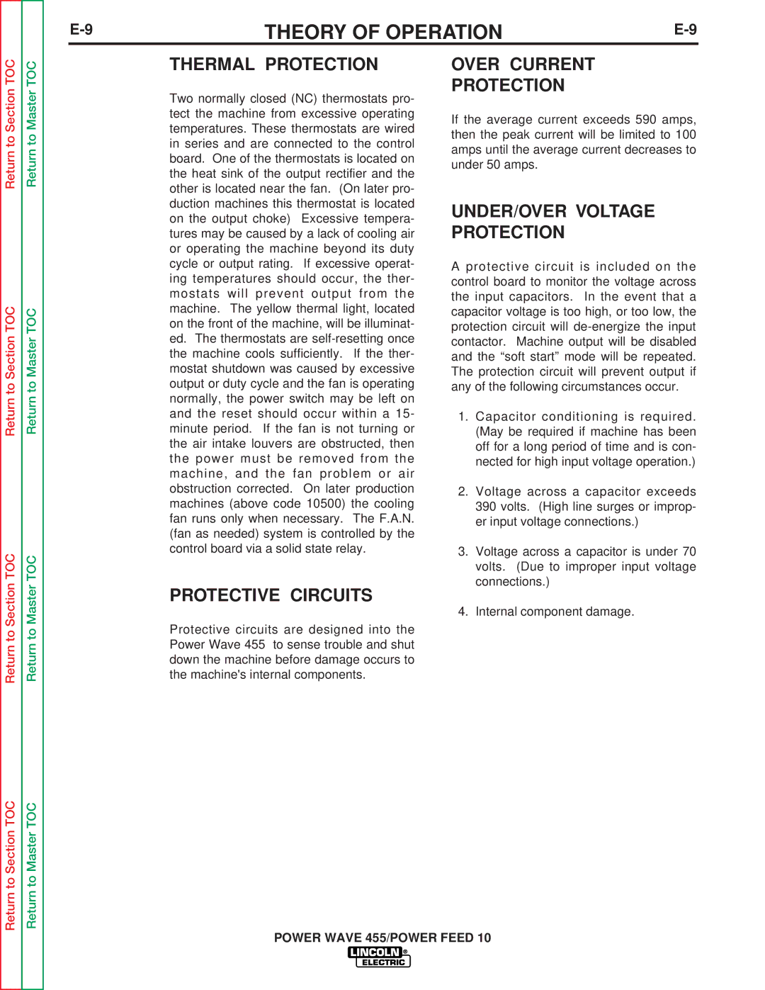 Lincoln Electric SVM135-B service manual Thermal Protection Over Current, UNDER/OVER Voltage, Protective Circuits 