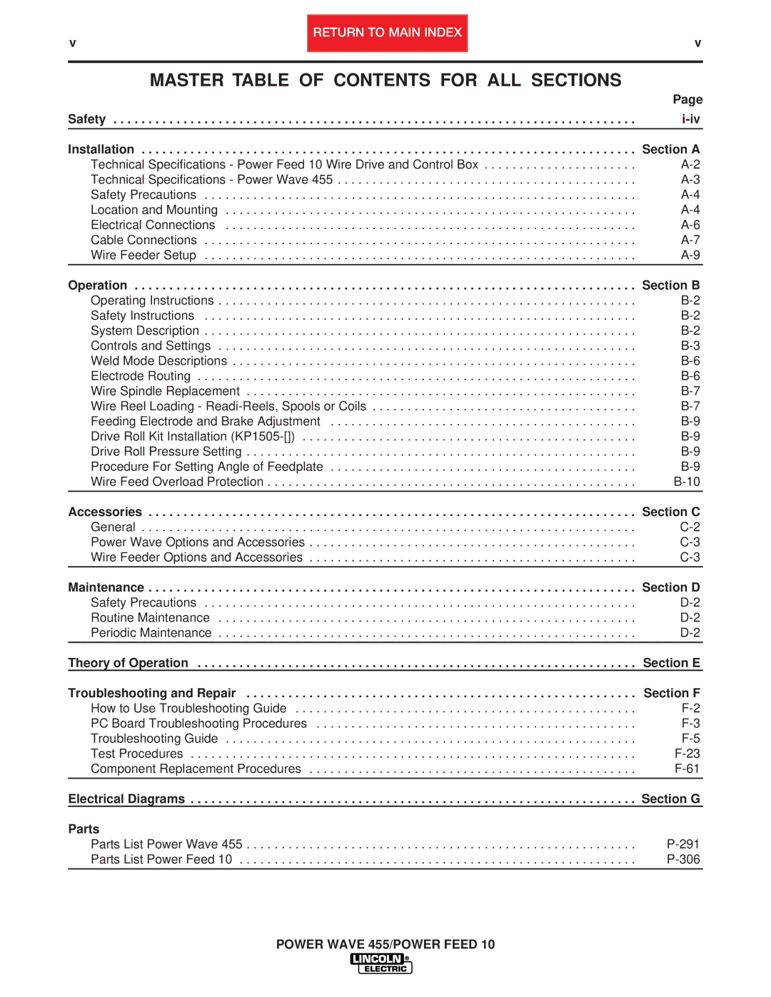 Lincoln Electric SVM135-B service manual Master Table of Contents for ALL Sections 