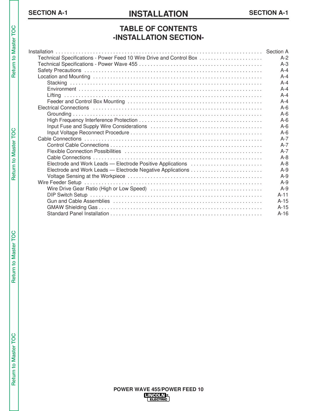 Lincoln Electric SVM135-B service manual Table of Contents Installation Section 