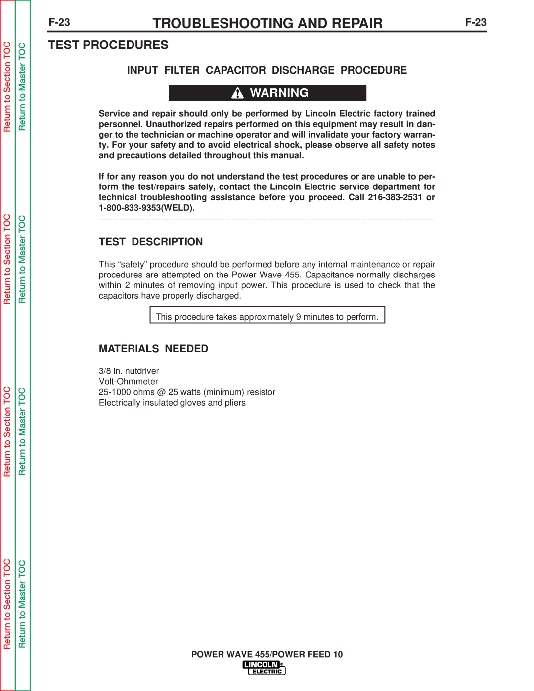 Lincoln Electric SVM135-B Test Procedures, Input Filter Capacitor Discharge Procedure, Test Description, Materials Needed 