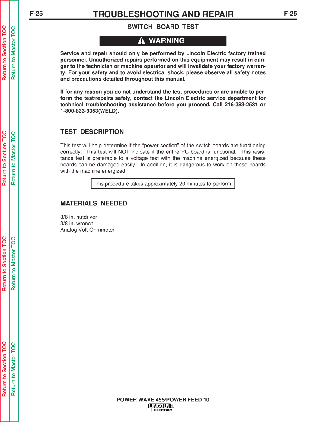 Lincoln Electric SVM135-B service manual Switch Board Test 