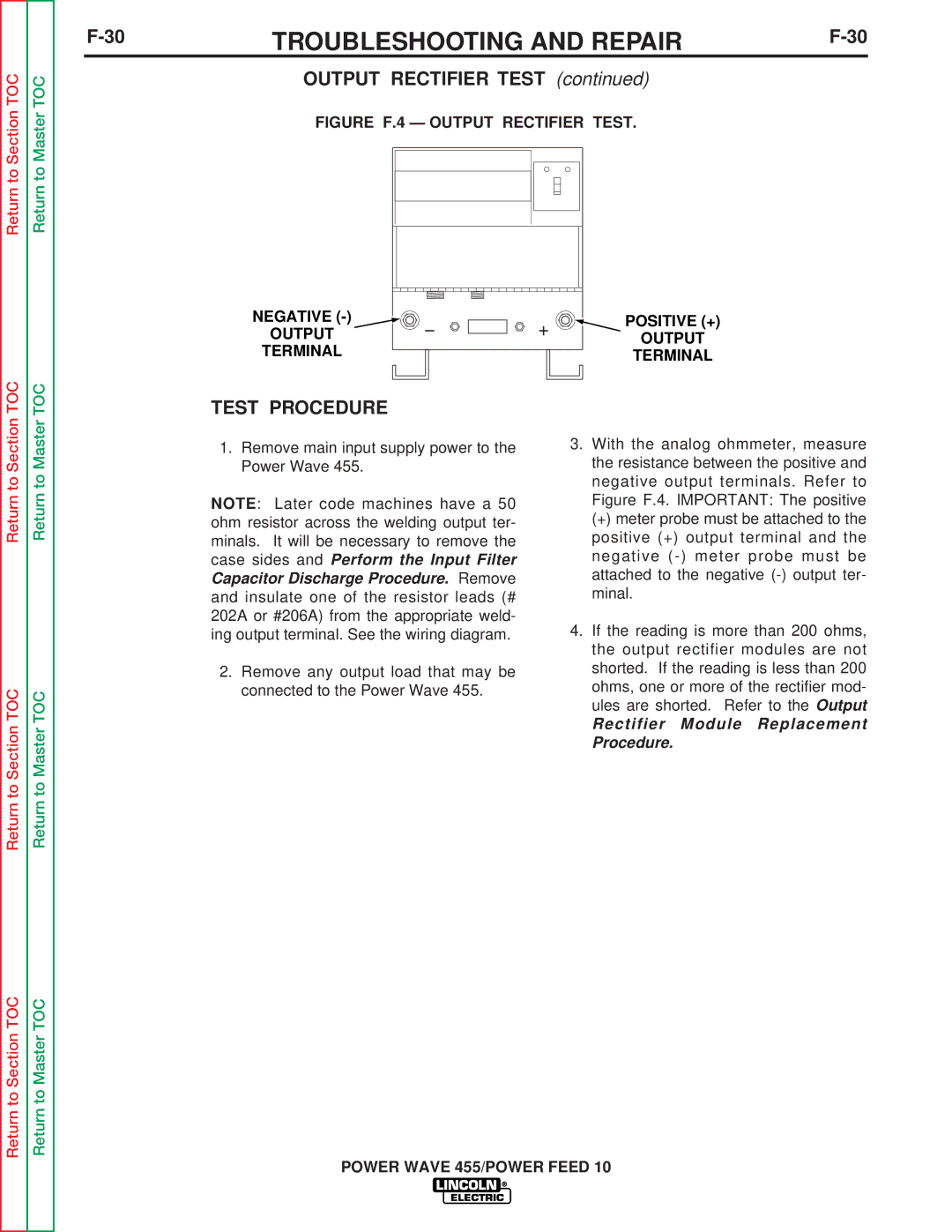 Lincoln Electric SVM135-B service manual 30TROUBLESHOOTING and REPAIRF-30, Negative Output Terminal Positive + 