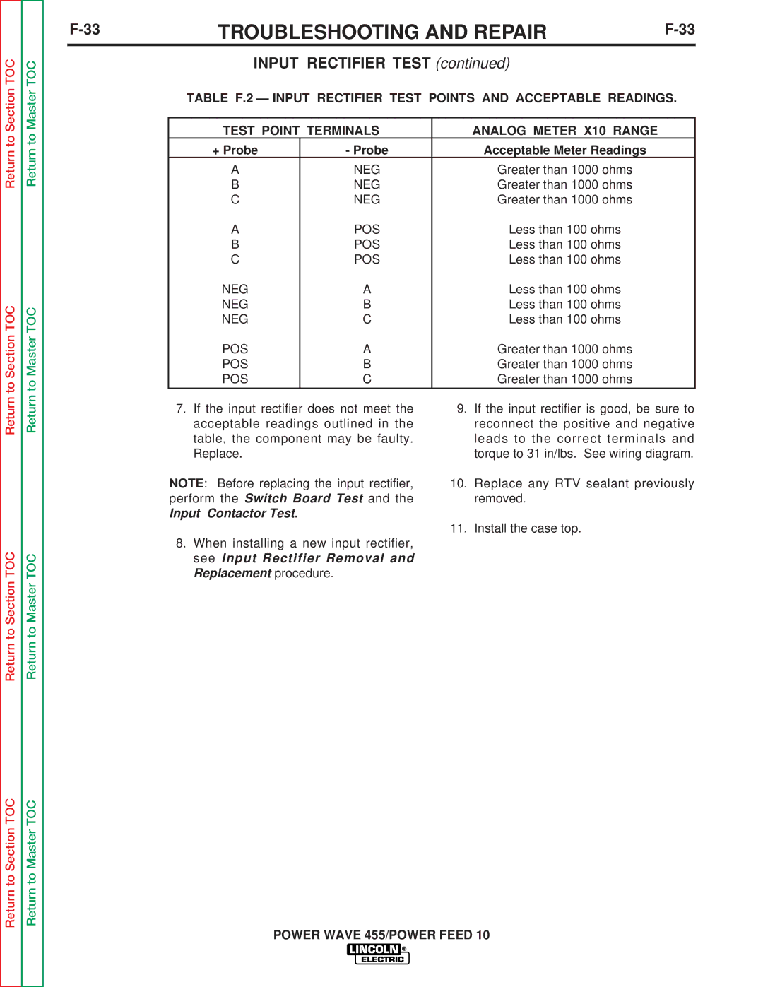 Lincoln Electric SVM135-B service manual Probe Acceptable Meter Readings, Input Contactor Test 