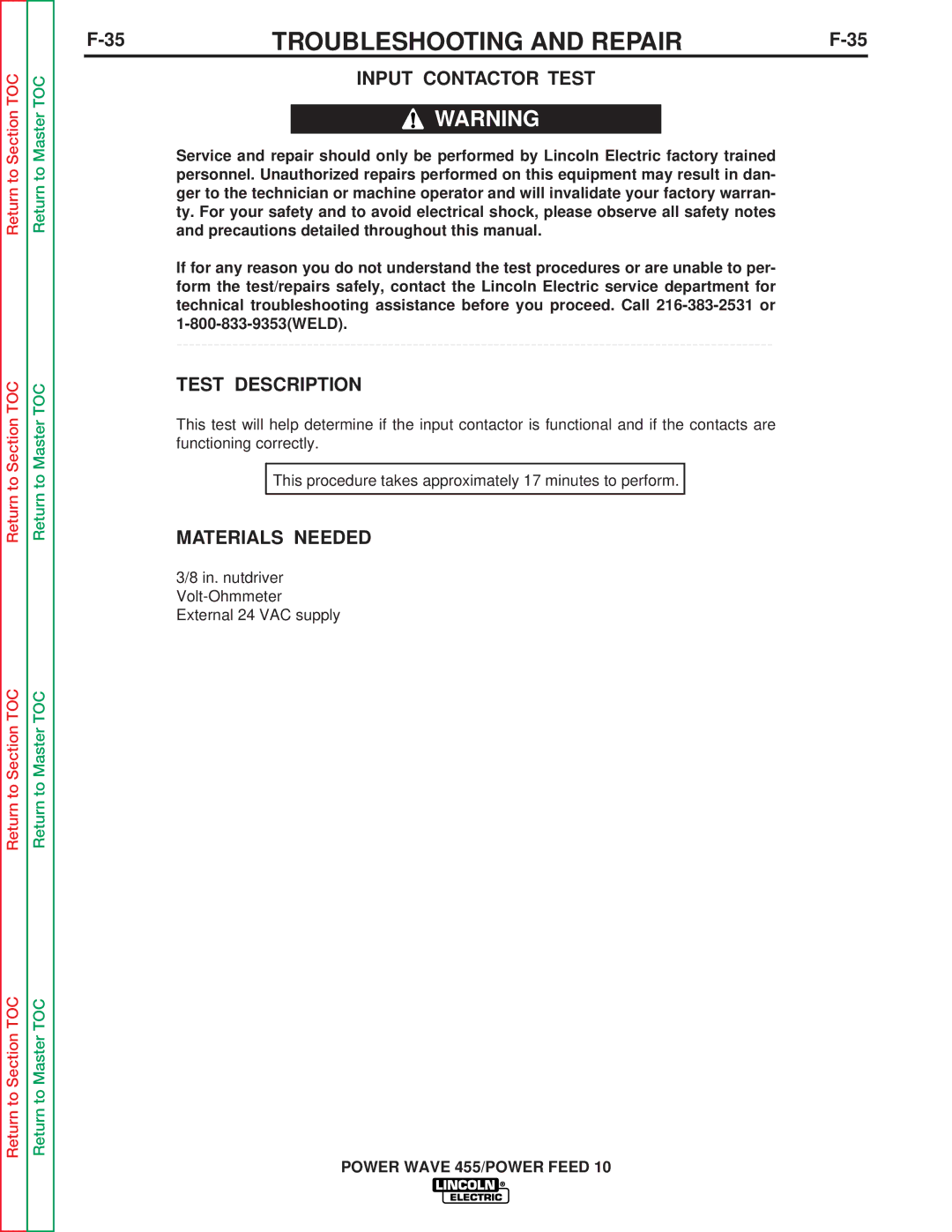 Lincoln Electric SVM135-B service manual Input Contactor Test, Test Description 