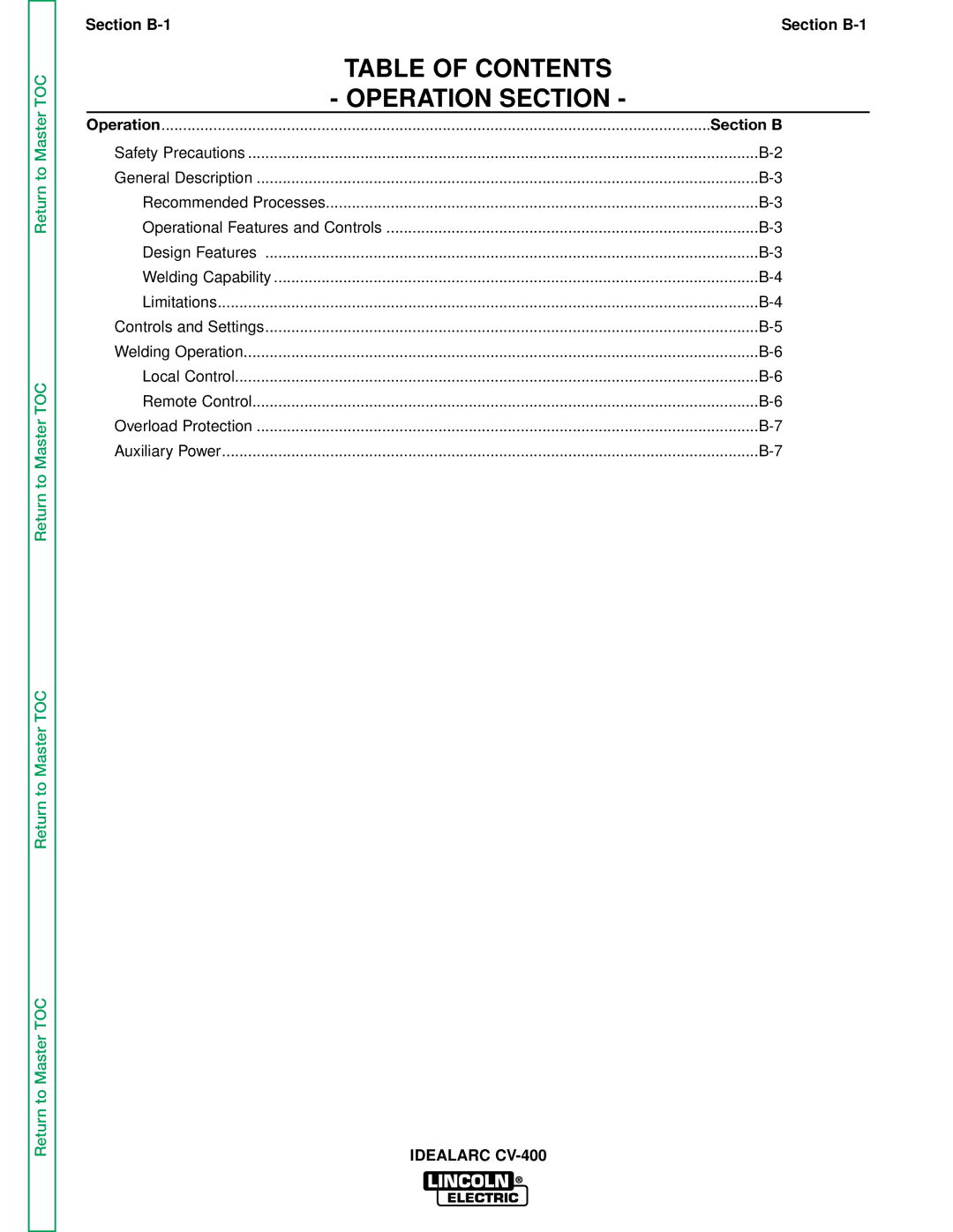 Lincoln Electric SVM136-A service manual Table of Contents Operation Section 