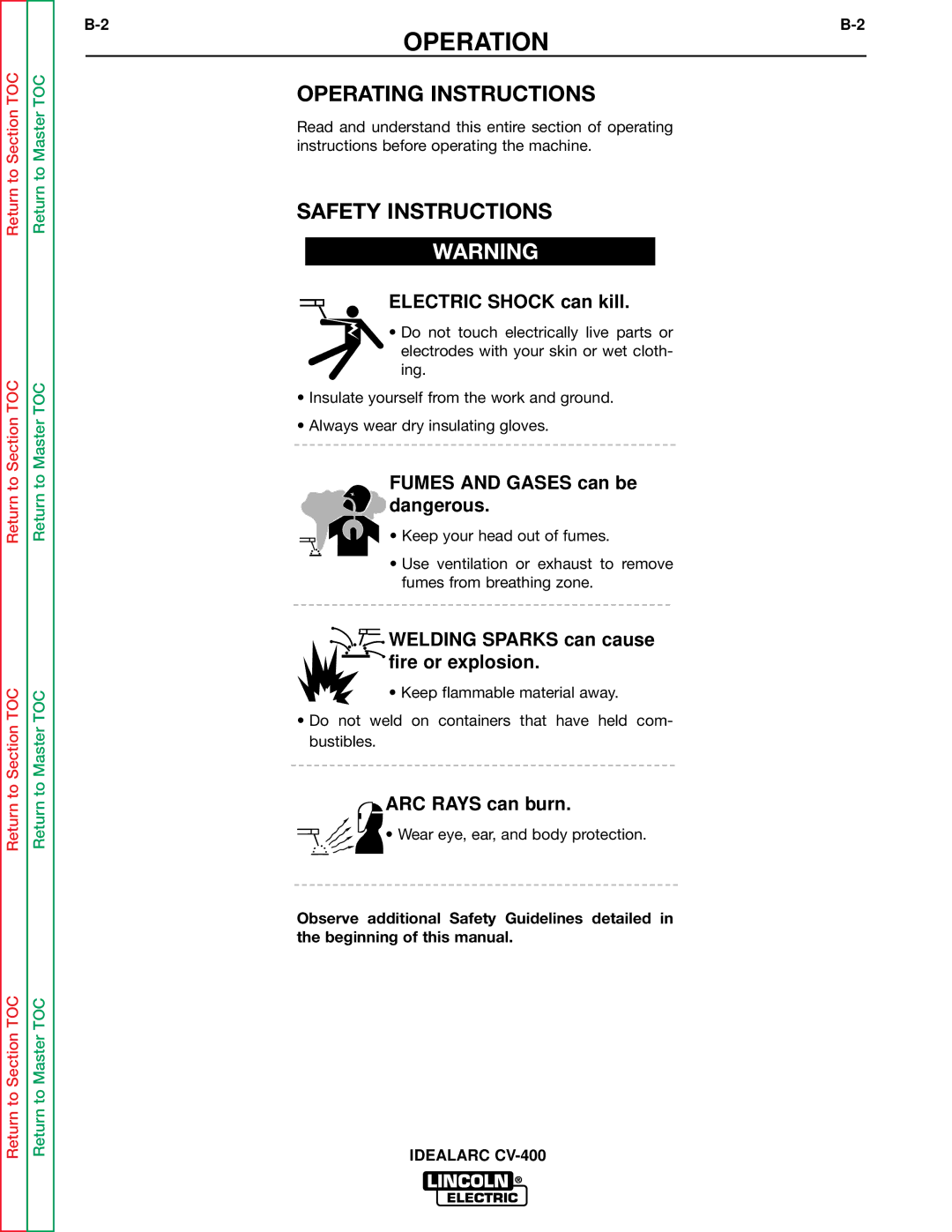 Lincoln Electric SVM136-A service manual Operation, Operating Instructions, Safety Instructions 