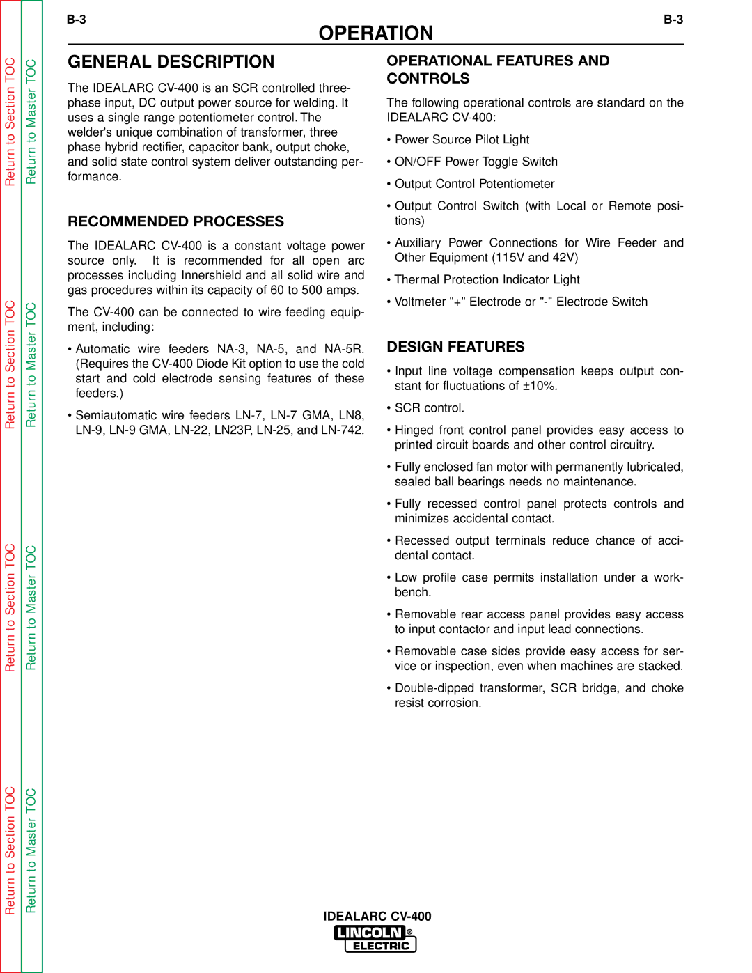 Lincoln Electric SVM136-A General Description, Recommended Processes, Operational Features and Controls, Design Features 