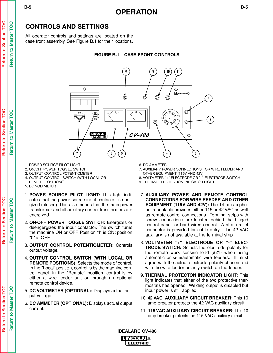 Lincoln Electric SVM136-A service manual Controls and Settings, Figure B.1 Case Front Controls 