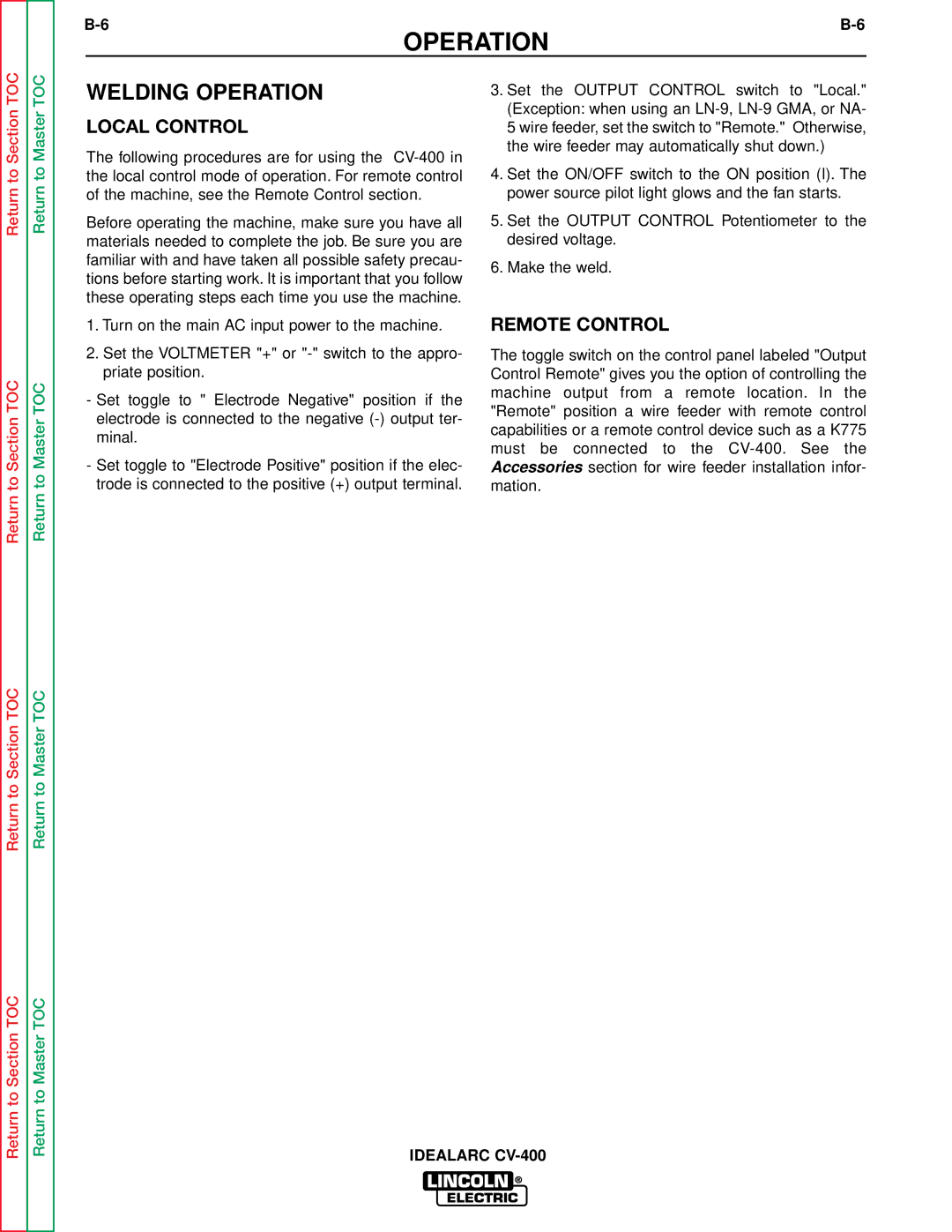 Lincoln Electric SVM136-A service manual Welding Operation, Local Control, Remote Control 