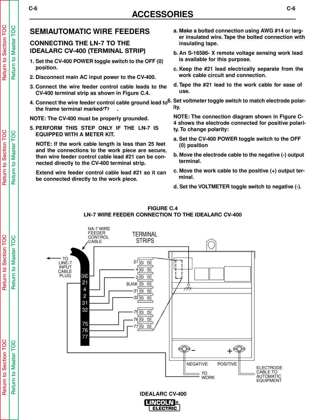 Lincoln Electric SVM136-A Semiautomatic Wire Feeders, Connecting the LN-7 to the Idealarc CV-400 Terminal Strip 