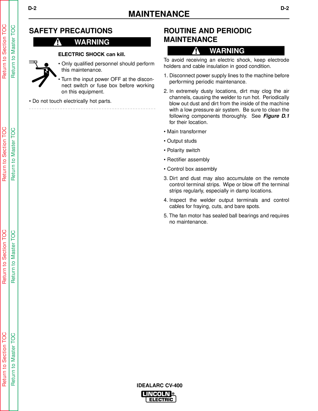 Lincoln Electric SVM136-A Safety Precautions Routine and Periodic Maintenance, Return to Return to Section TOC 