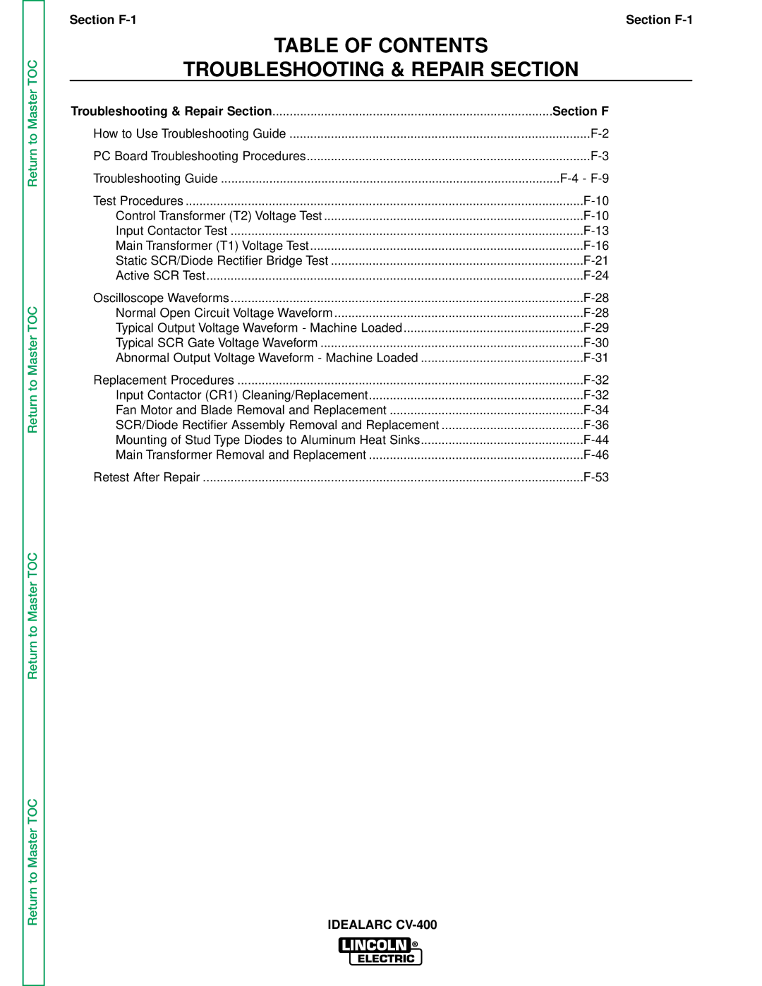 Lincoln Electric SVM136-A service manual Table of Contents Troubleshooting & Repair Section 