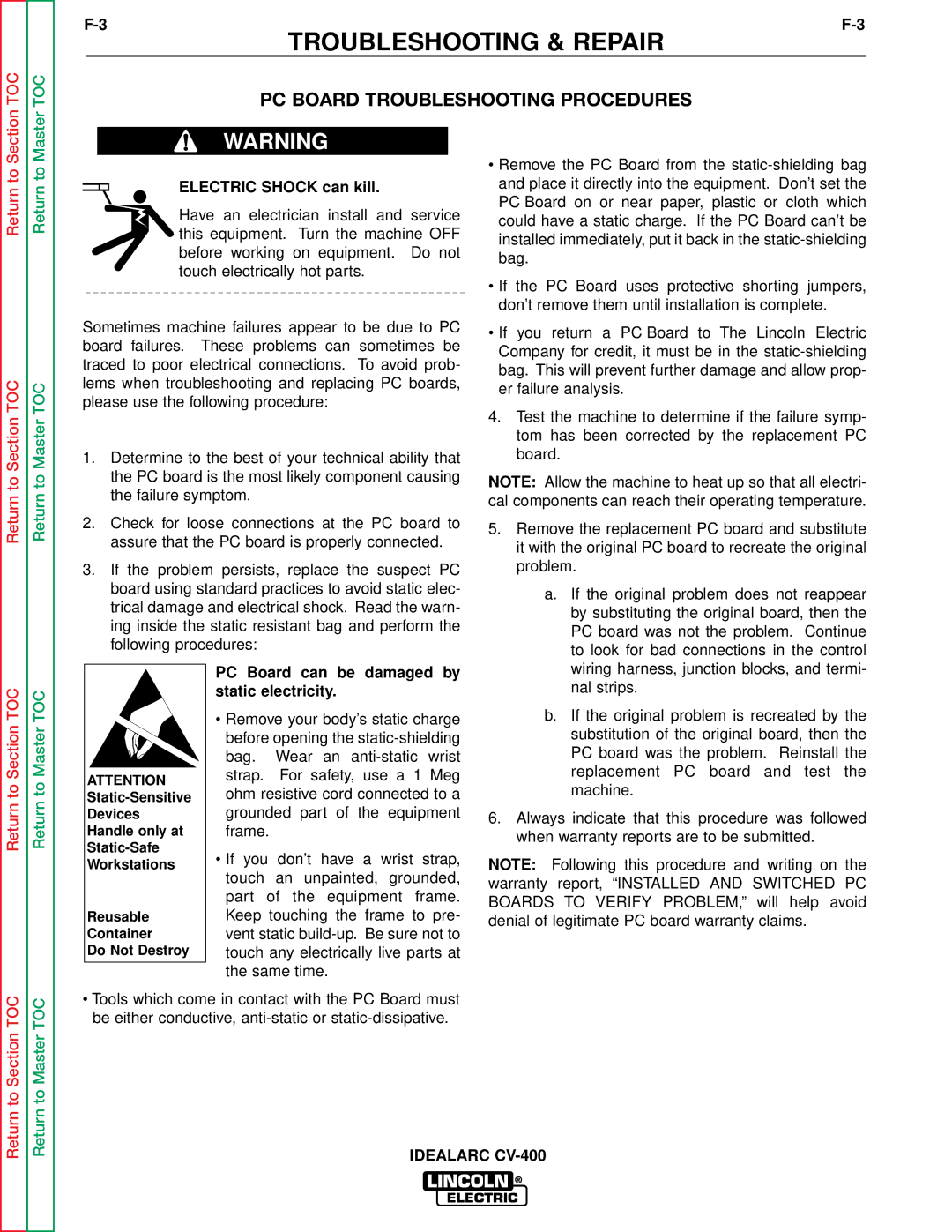 Lincoln Electric SVM136-A service manual PC Board Troubleshooting Procedures, Electric Shock can kill 