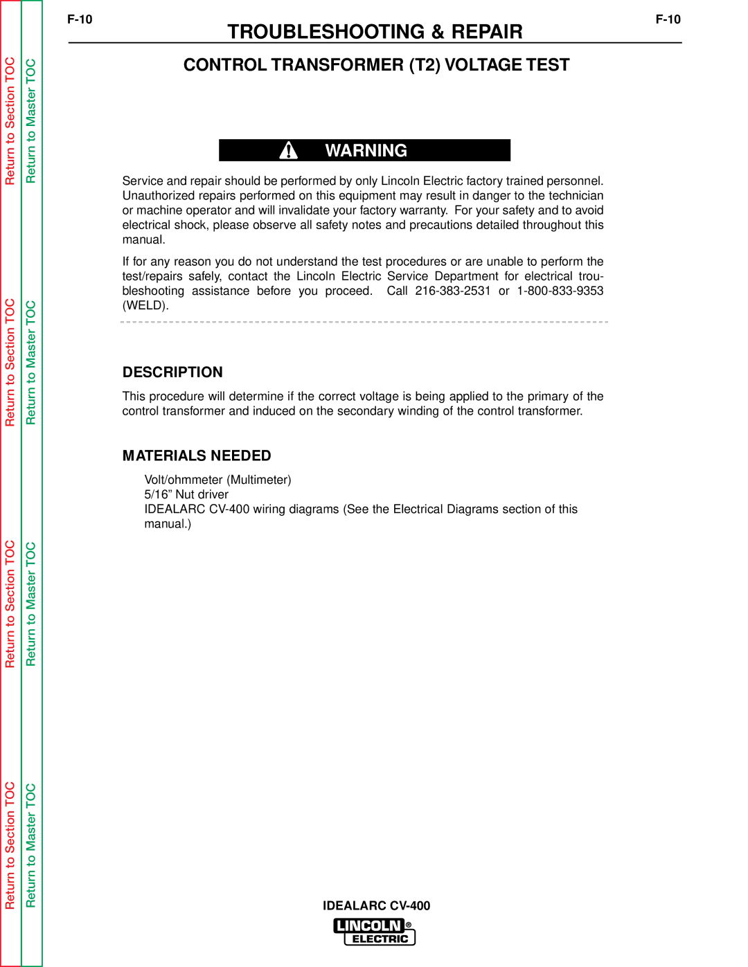 Lincoln Electric SVM136-A service manual Control Transformer T2 Voltage Test, Description, Materials Needed 