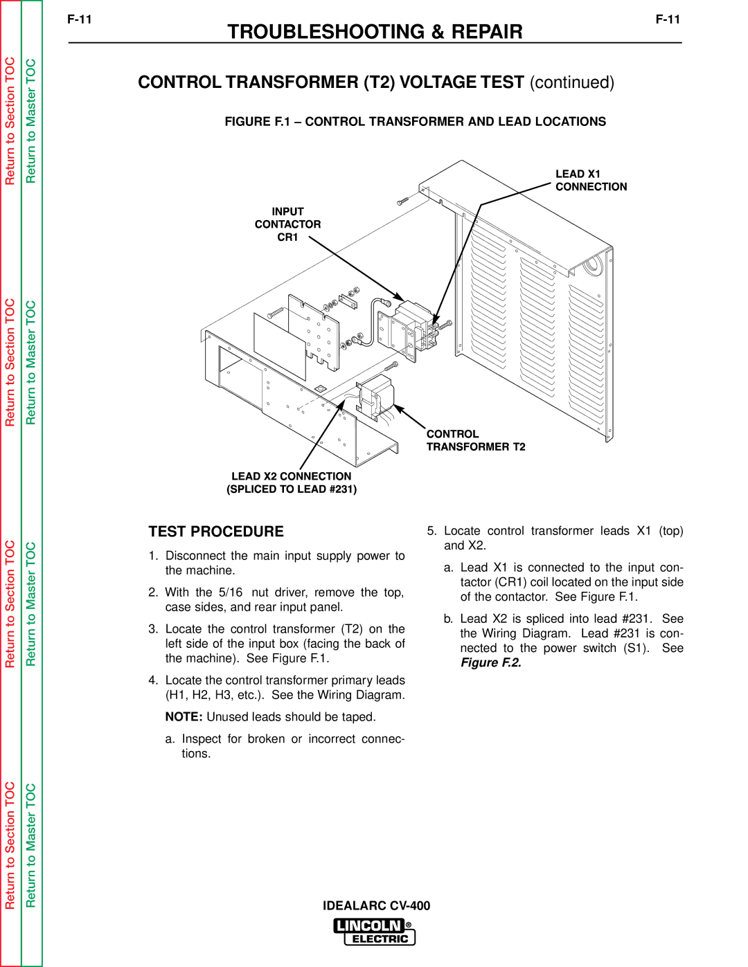 Lincoln Electric SVM136-A service manual Control Transformer T2 Voltage Test, Test Procedure 