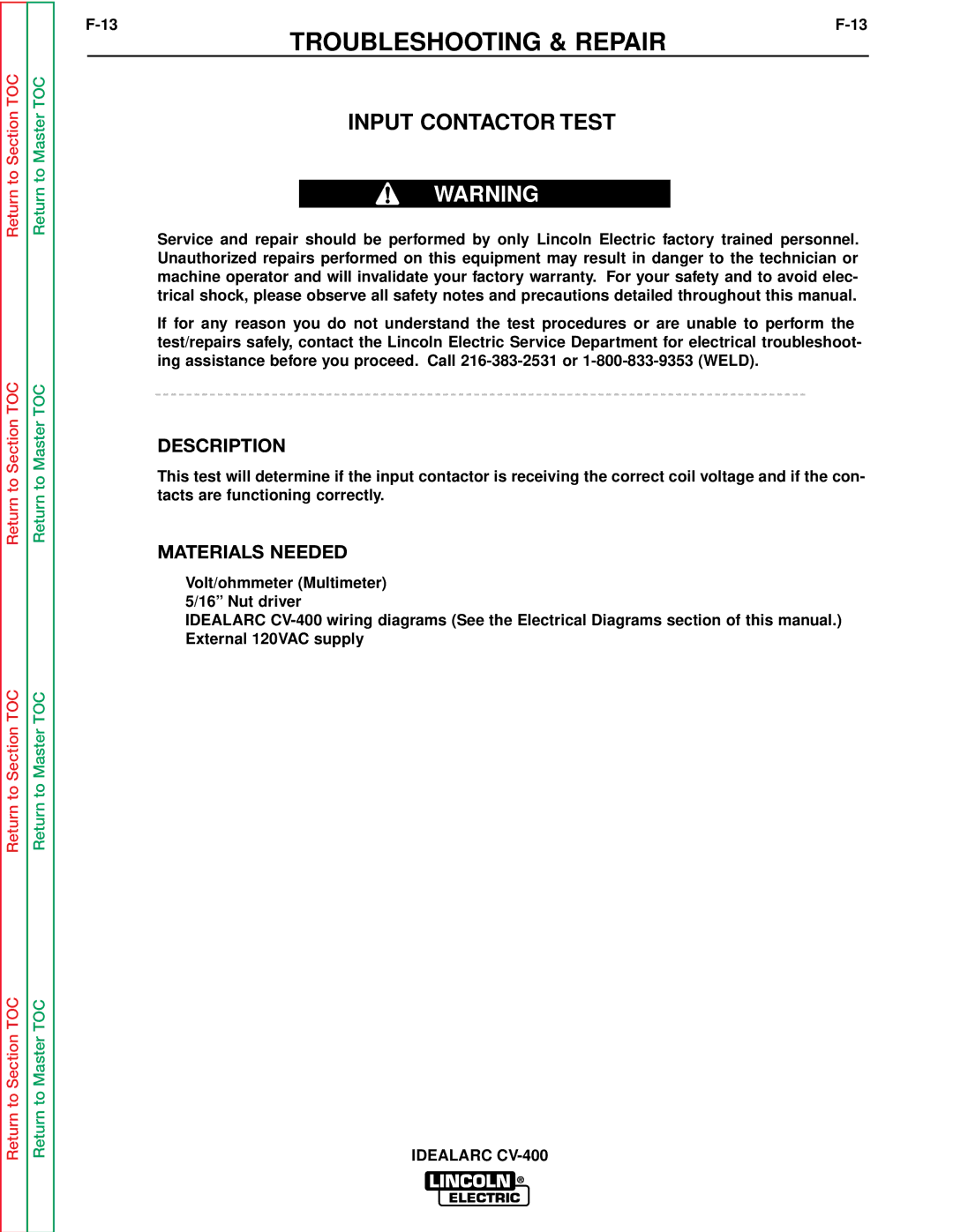 Lincoln Electric SVM136-A service manual Input Contactor Test, Description 