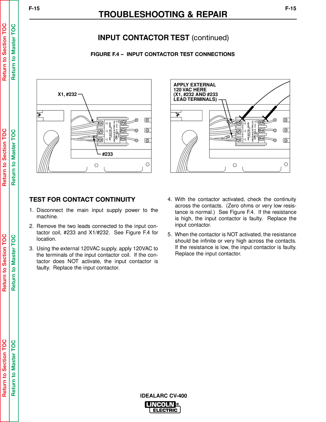 Lincoln Electric SVM136-A service manual Test for Contact Continuity, Figure F.4 Input Contactor Test Connections 