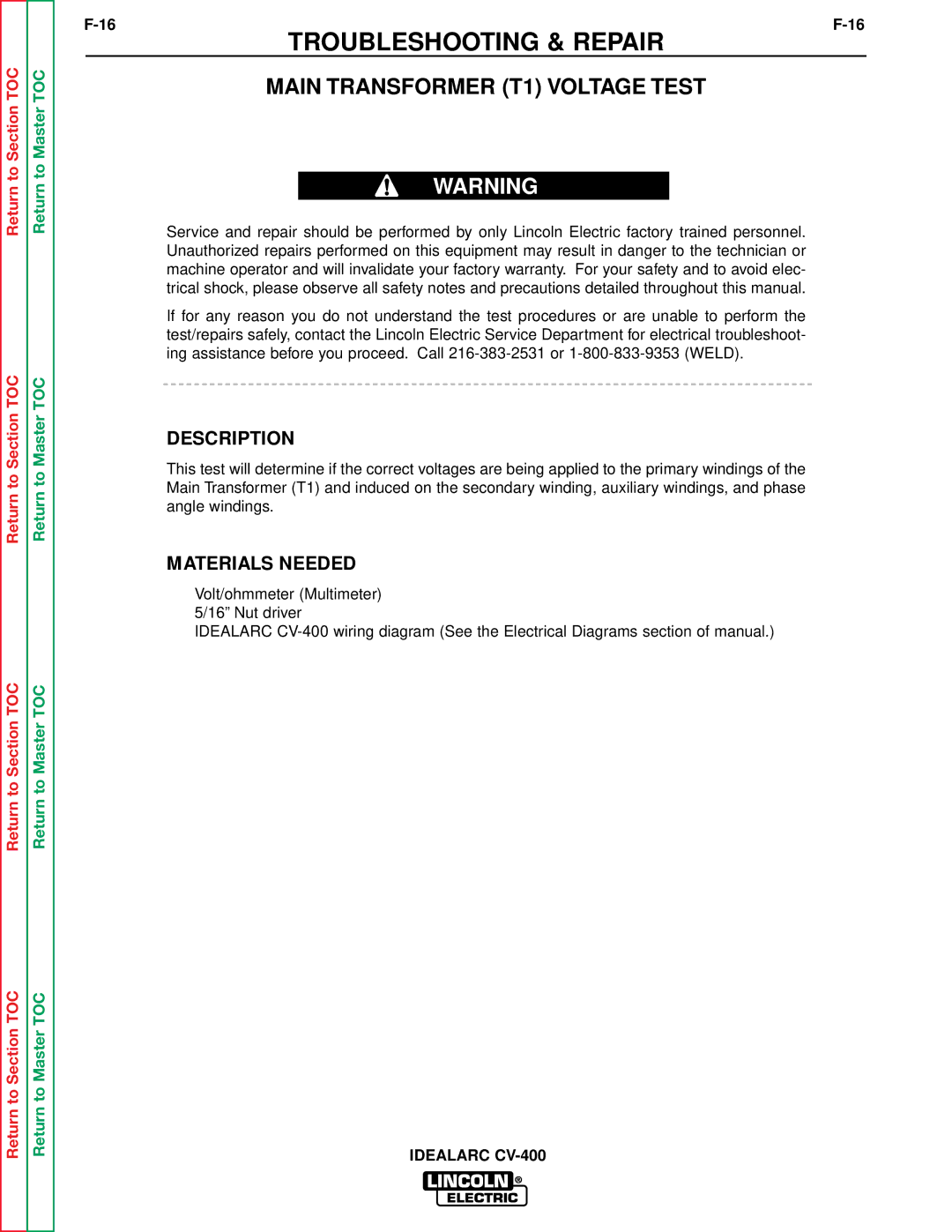 Lincoln Electric SVM136-A service manual Main Transformer T1 Voltage Test, Description 