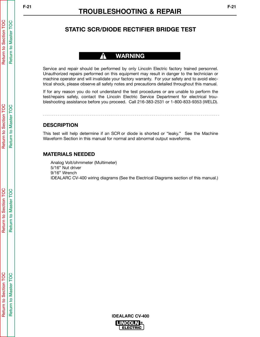 Lincoln Electric SVM136-A service manual Static SCR/DIODE Rectifier Bridge Test, Description 