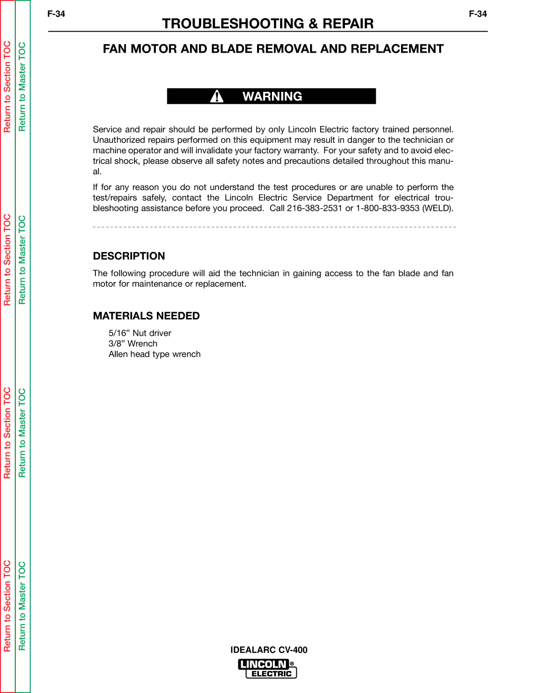 Lincoln Electric SVM136-A service manual FAN Motor and Blade Removal and Replacement, Description 