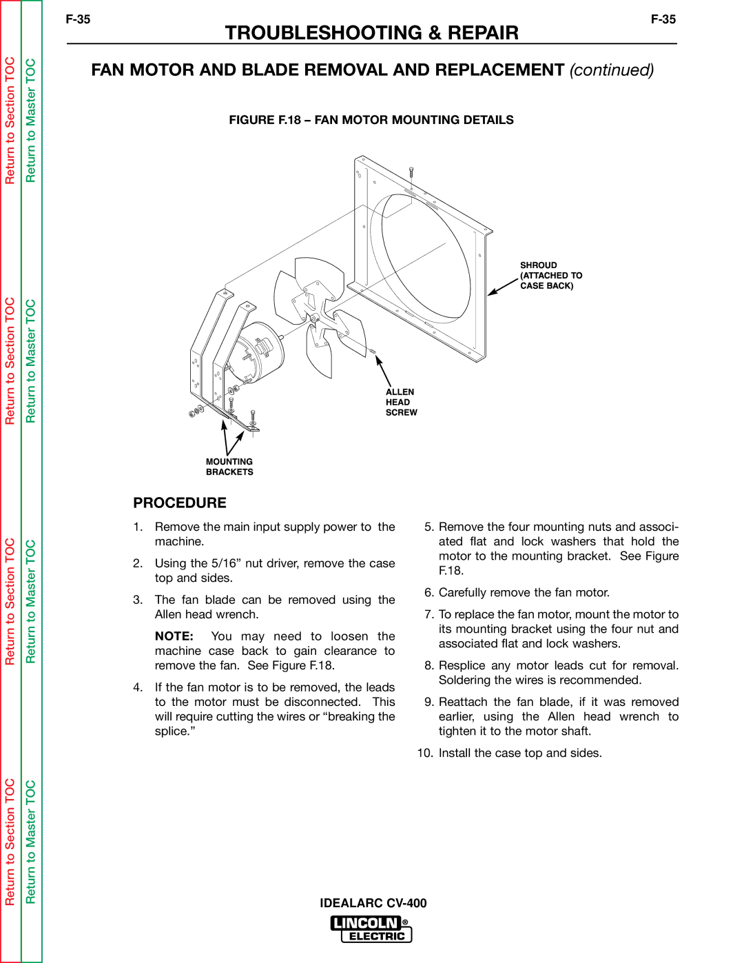 Lincoln Electric SVM136-A service manual FAN Motor and Blade Removal and Replacement, Procedure 