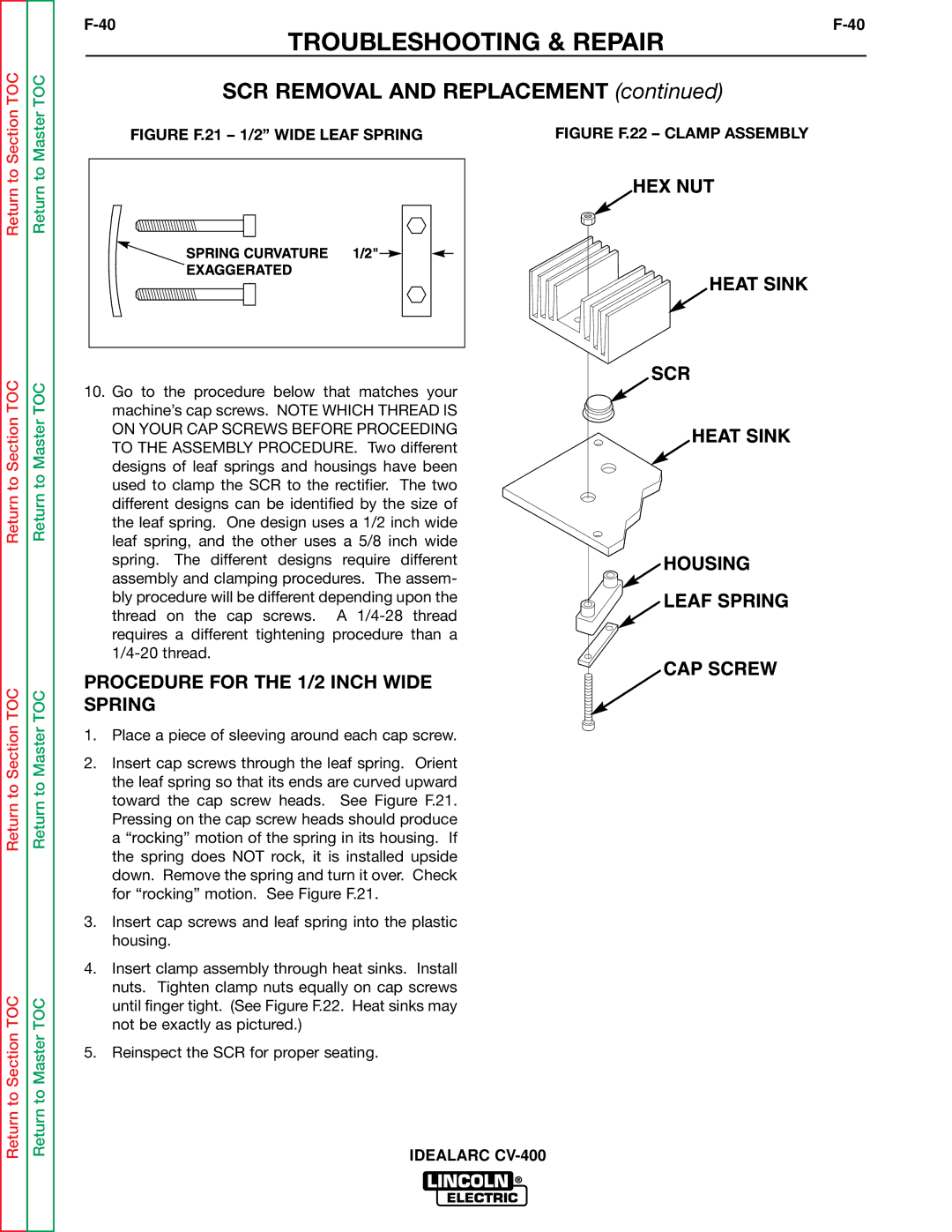 Lincoln Electric SVM136-A service manual Procedure for the 1/2 Inch Wide Spring, Figure F.21 1/2 Wide Leaf Spring 