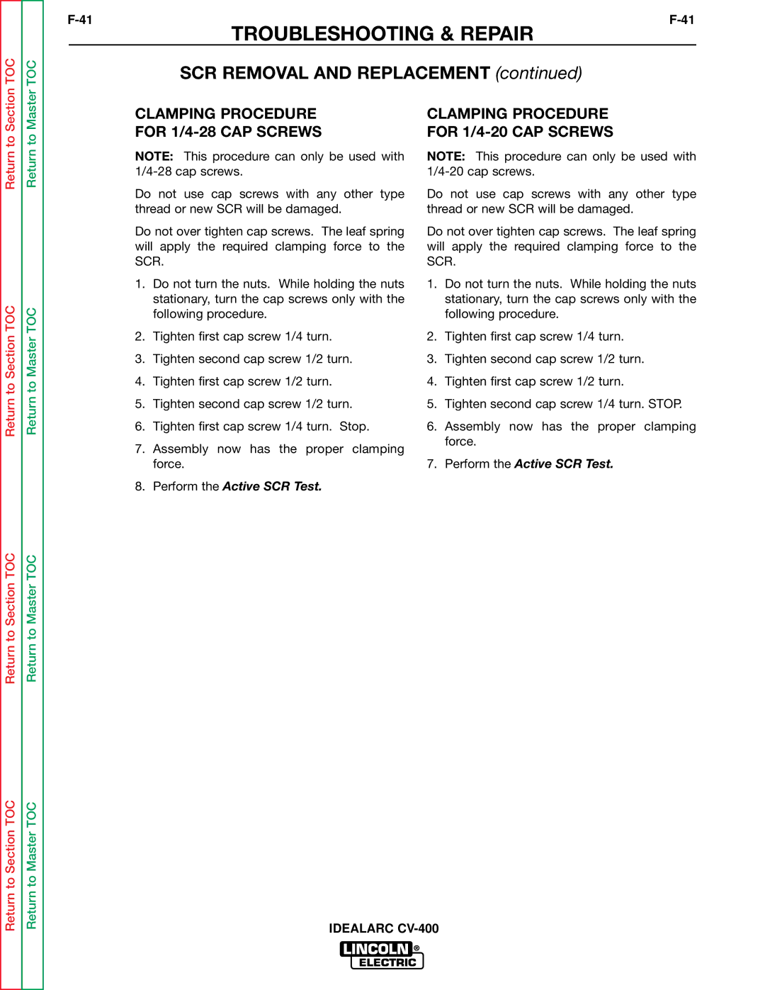 Lincoln Electric SVM136-A service manual Clamping Procedure For 1/4-28 CAP Screws, Clamping Procedure For 1/4-20 CAP Screws 