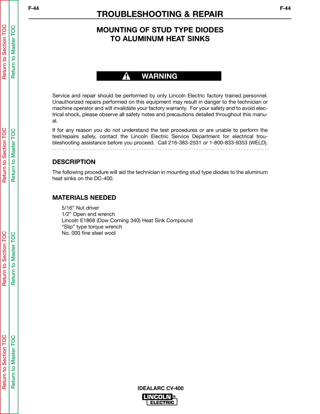 Lincoln Electric SVM136-A service manual Mounting of Stud Type Diodes To Aluminum Heat Sinks, Description 