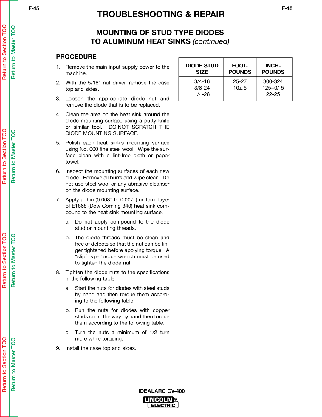 Lincoln Electric SVM136-A service manual Mounting of Stud Type Diodes, To Aluminum Heat Sinks 