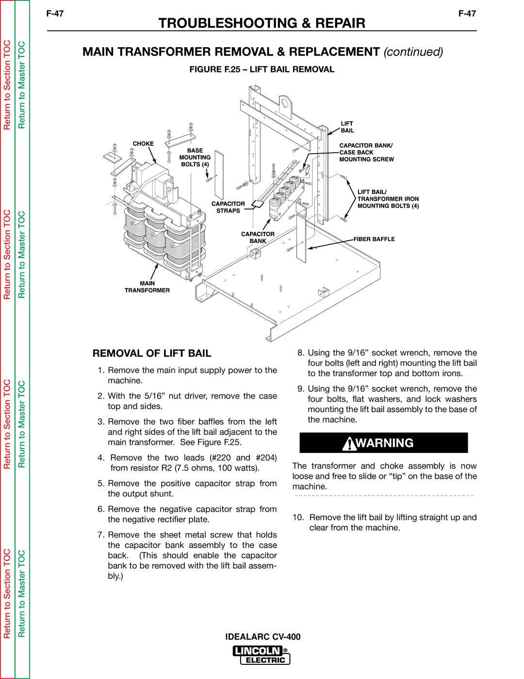 Lincoln Electric SVM136-A service manual Main Transformer Removal & Replacement, Removal of Lift Bail 