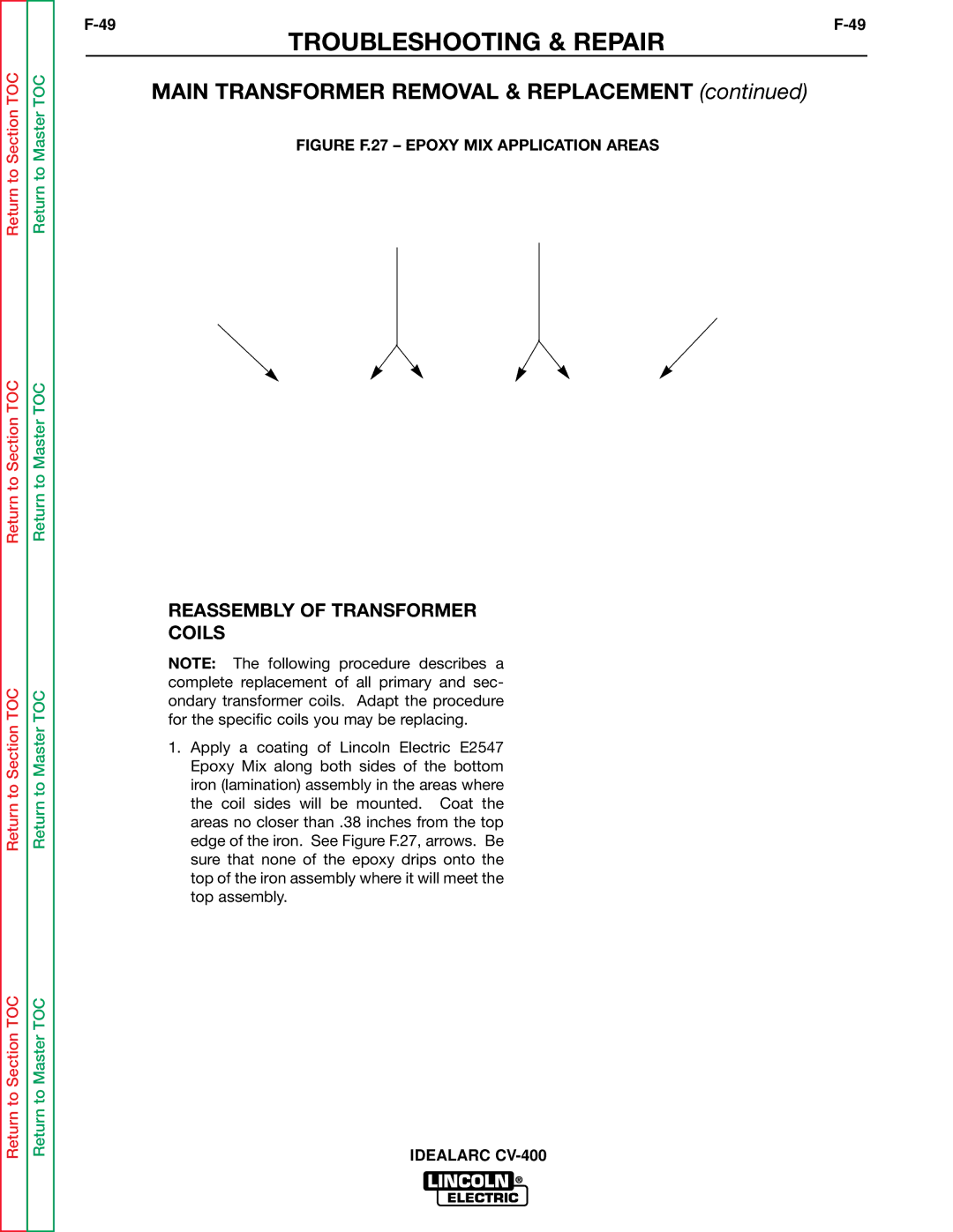 Lincoln Electric SVM136-A service manual Reassembly of Transformer Coils, Figure F.27 Epoxy MIX Application Areas 