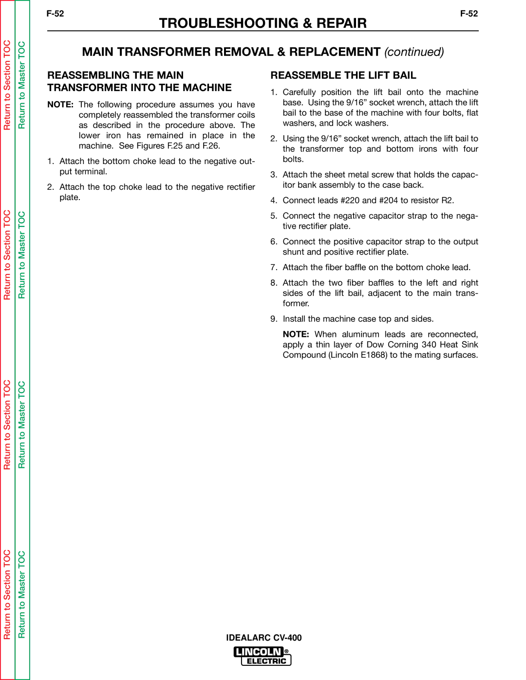 Lincoln Electric SVM136-A service manual Reassembling the Main Transformer Into the Machine, Reassemble the Lift Bail 