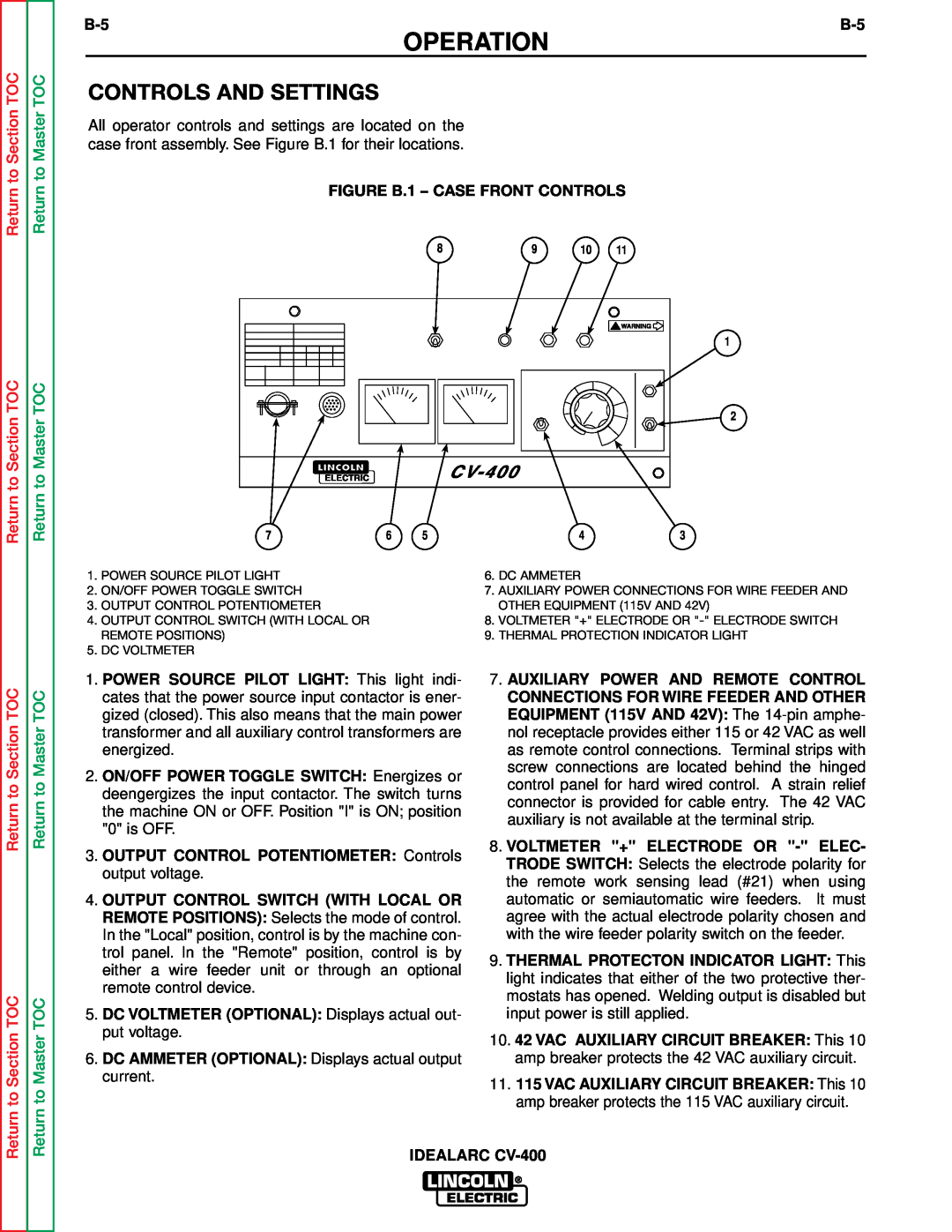 Lincoln Electric SVM136-A service manual Controls And Settings, Operation, Return to Section TOC Return to Section TOC 