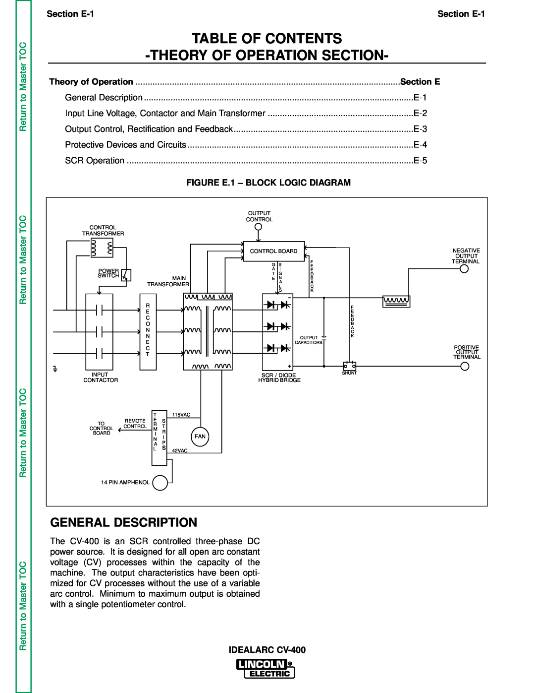 Lincoln Electric SVM136-A Theory Of Operation Section, Table Of Contents, General Description, to Master, Section E 